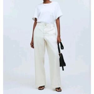 Madewell Button Tab Wide Legs Pants sz 2 Antique Cream 100% Cotton Top Stitched